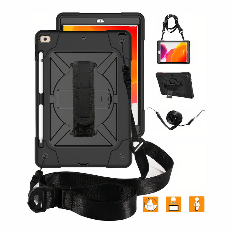Shockproof iPad case with silicon outer frame, kickstand, handle and shoulder strap