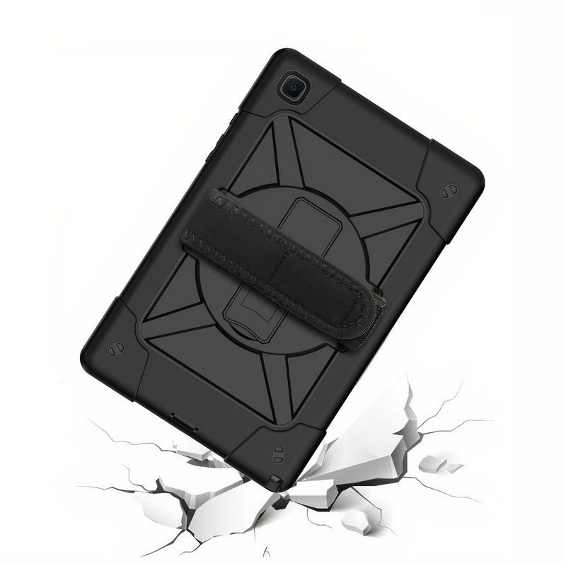 Shockproof iPad case with silicon outer frame, kickstand, handle and shoulder strap