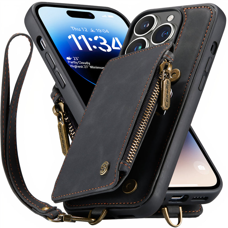 iPhone wallet with anti-RFID zipper and hand strap