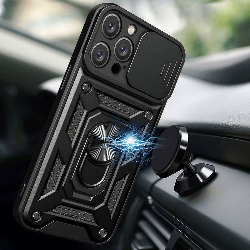 Shockproof armor case with sliding camera protection for iPhone