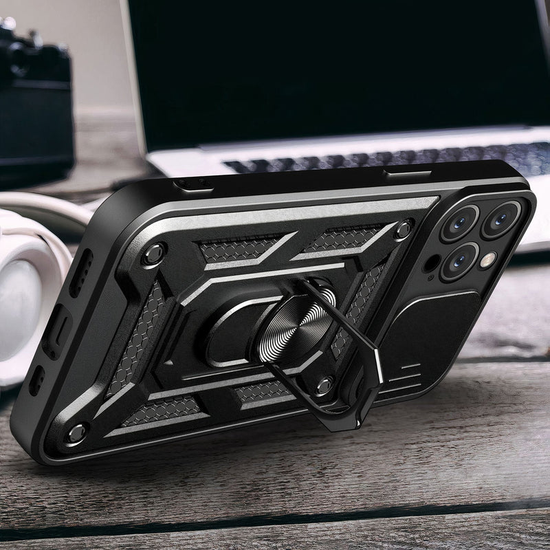 Shockproof armor case with sliding camera protection for iPhone