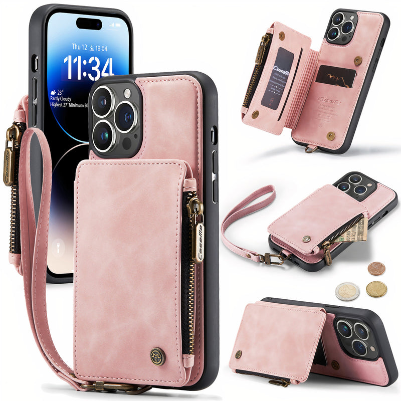 iPhone wallet with anti-RFID zipper and hand strap