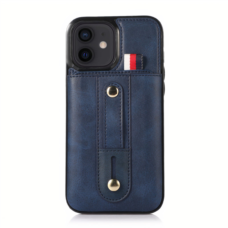 Vintage artificial leather iPhone case with integrated hand strap