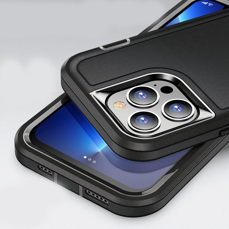 Three-piece hybrid iPhone case with front frame protection and black or gray base stand