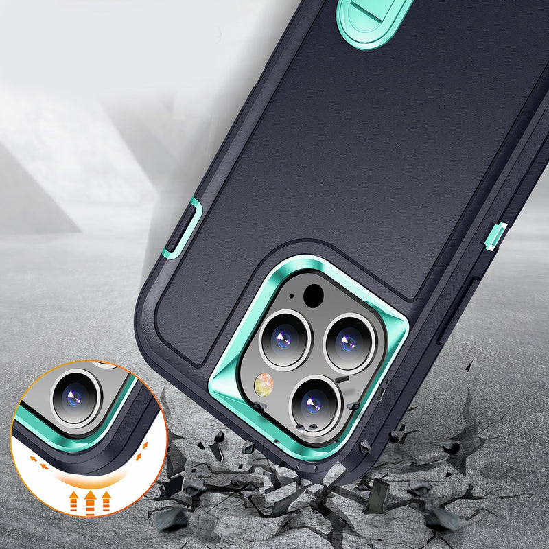 Three-piece hybrid iPhone case with front frame protection and black or gray base stand
