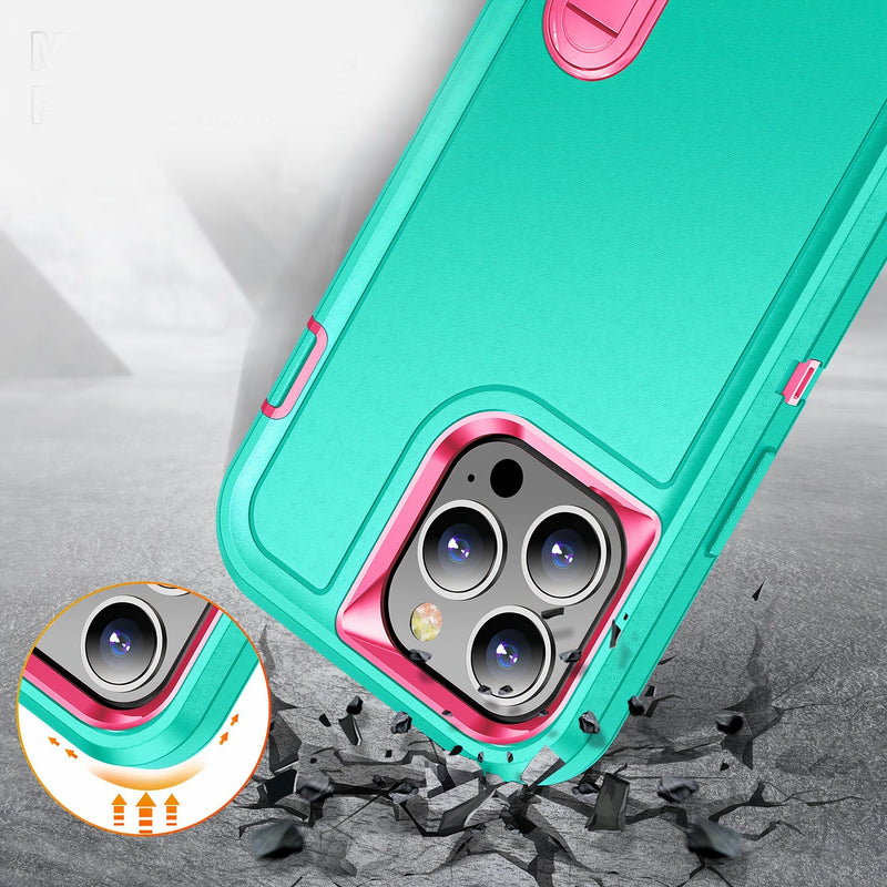 Three-piece hybrid iPhone case with front frame protection and kickstand