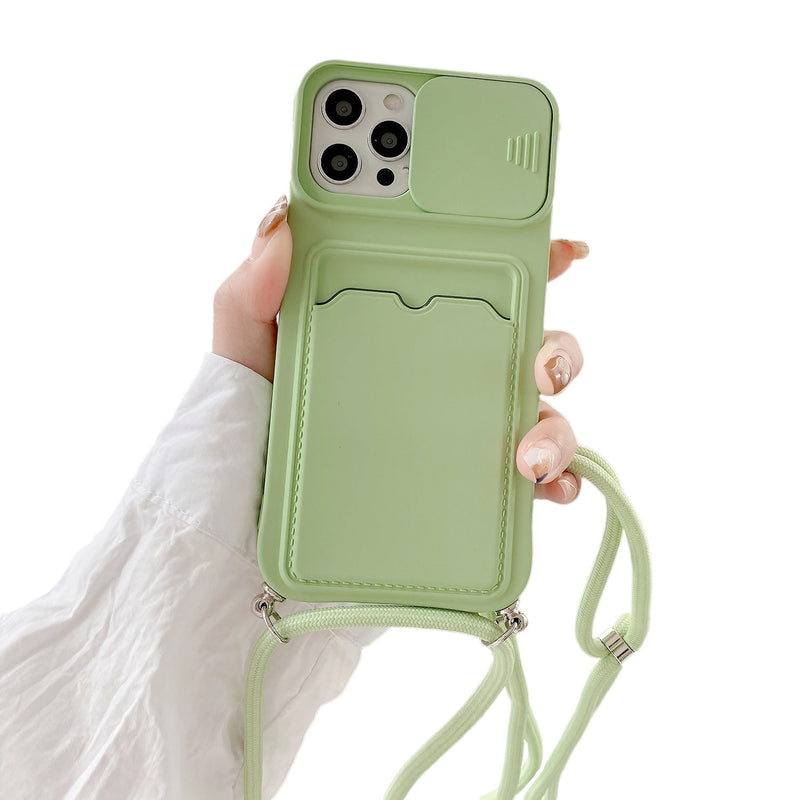 Matte color iPhone case with sliding camera cover and lanyard