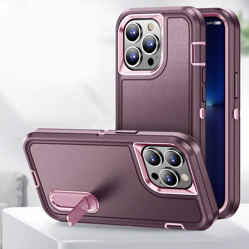 Three-piece hybrid iPhone case with front frame protection and kickstand
