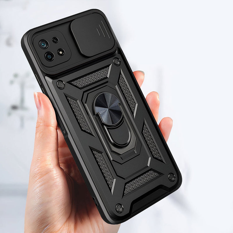 Shockproof armor case with sliding camera protection for Samsung Galaxy A