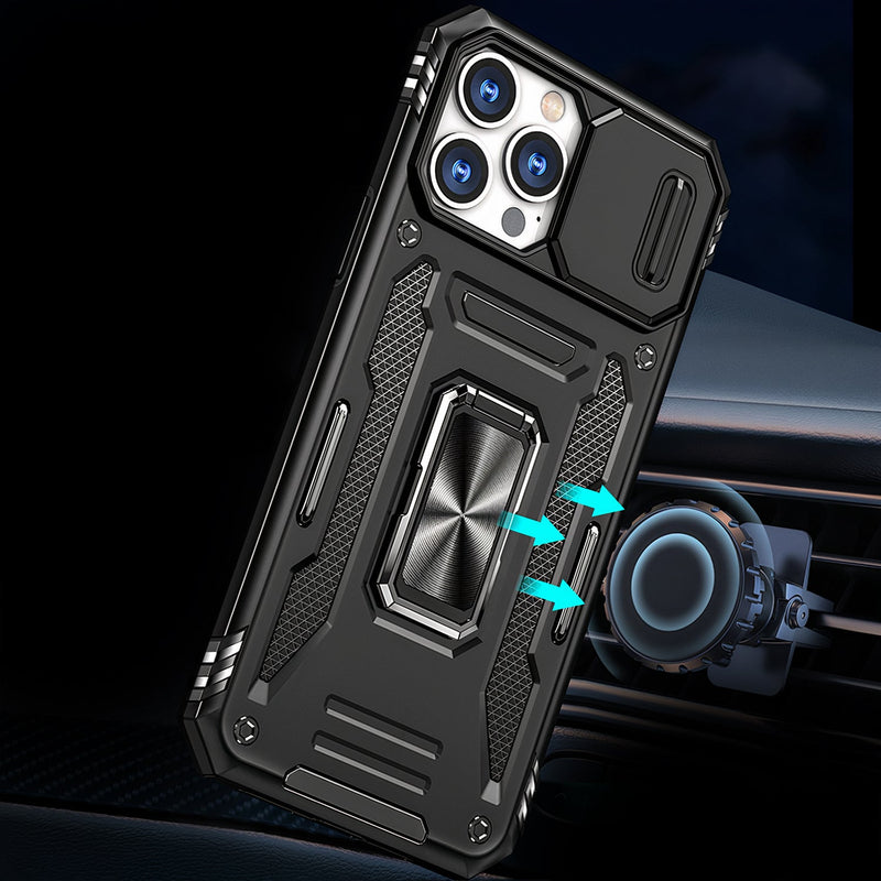 Shockproof case for iPhone with sliding camera protection and support ring
