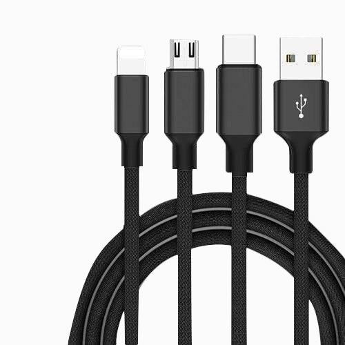 3-in-1 USB Braided Nylon Cable: USB-C, Micro-USB, Lightning