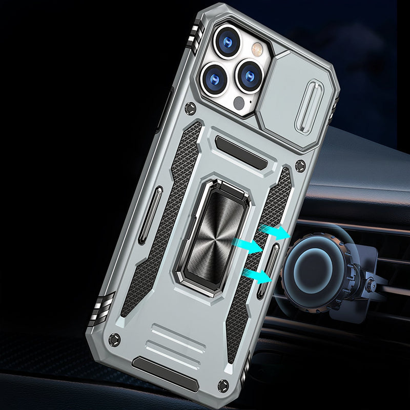 Shockproof case for iPhone with sliding camera protection and support ring