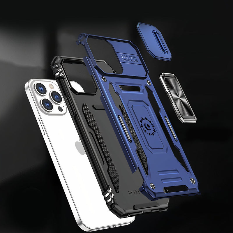 Colored armored iPhone shell with sliding camera protection and support ring