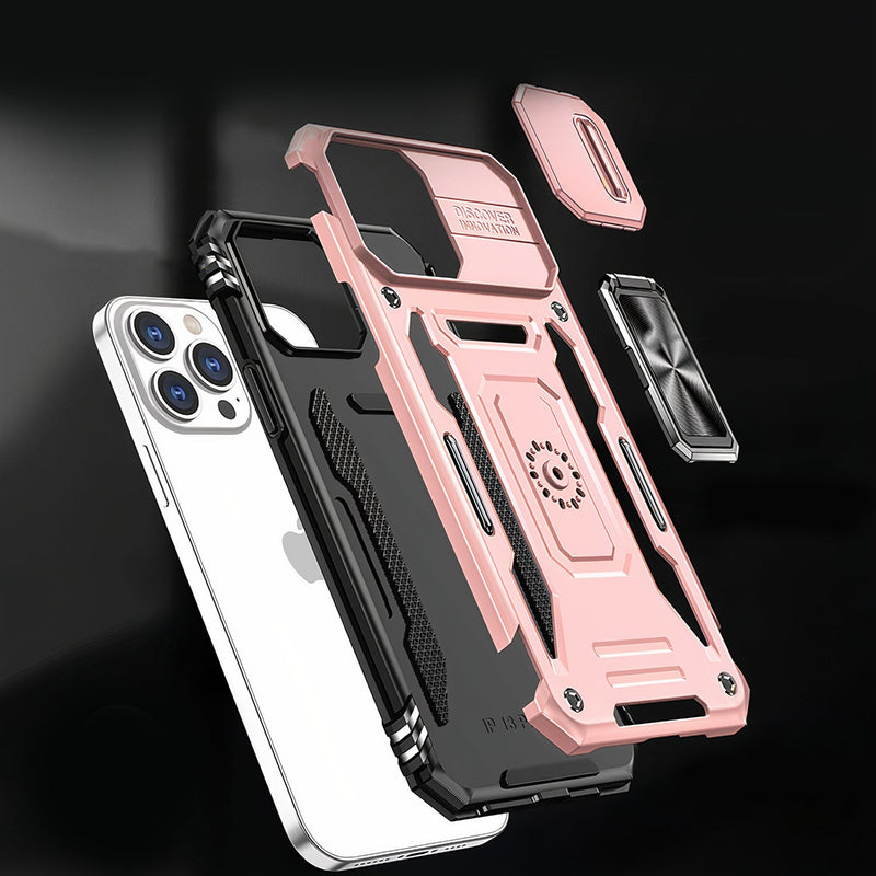 Colored armored iPhone shell with sliding camera protection and support ring